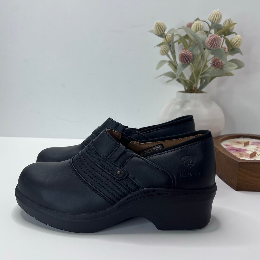 Ariat Expert Steel Toe Slip Resistant Leather Clog Black Women 7B NWOB Comfort